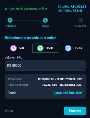 Tela mobile do Gateway Pix Solana na etapa de seleção de moeda e valor