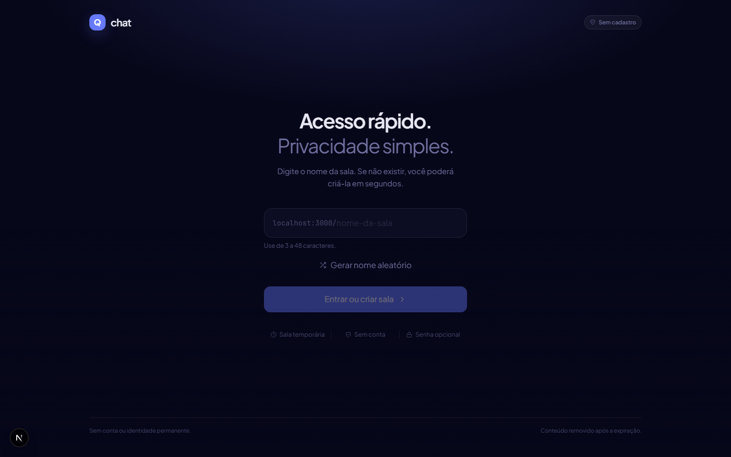 Homepage do Qchat com formulário para entrar ou criar uma sala temporária